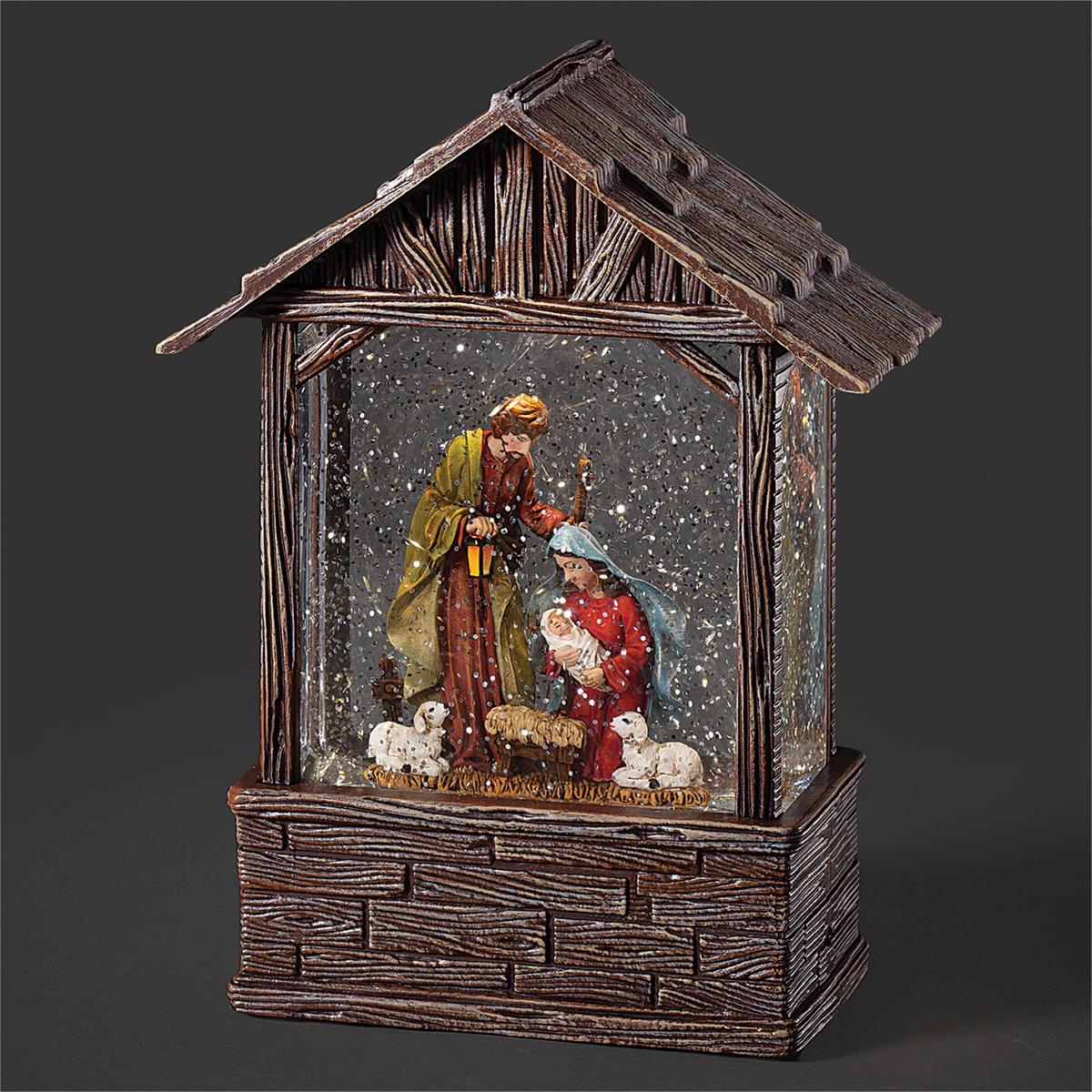 Lighted Swirl Stable With Holy Family - Wooden - 8.25"