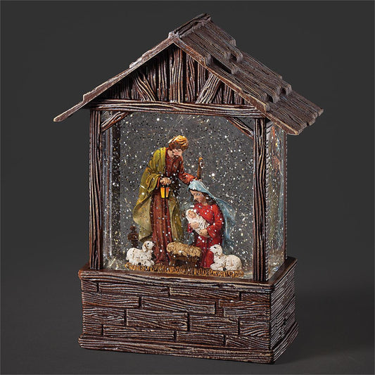 Lighted Swirl Stable With Holy Family - Wooden - 8.25"